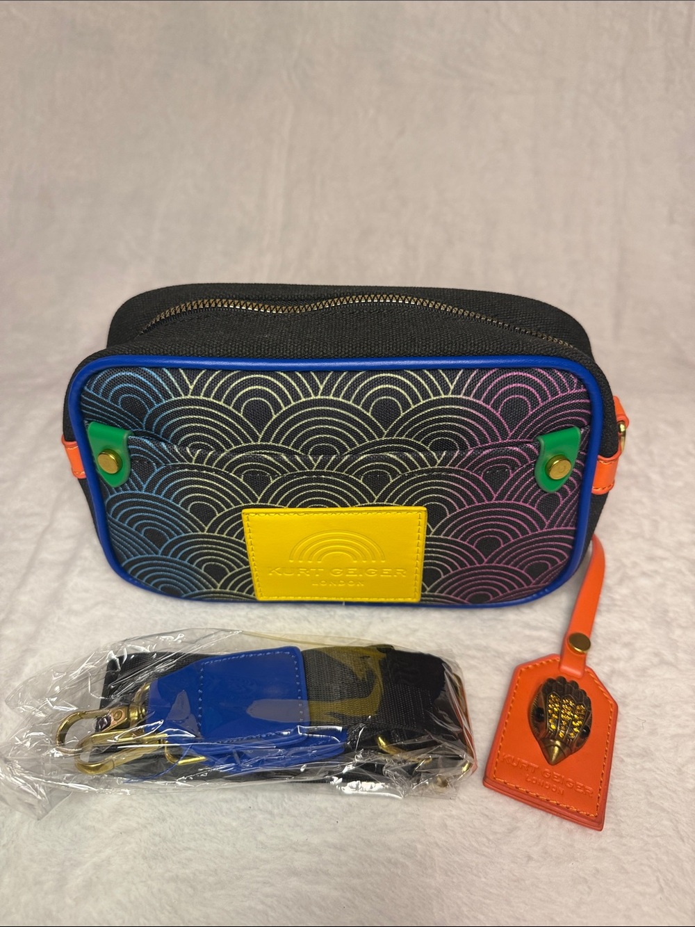 Black Rainbow-Print Crossbody Bag with Yellow Patch